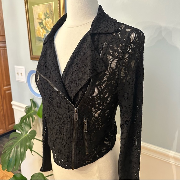 Guess Black Lace Cropped Blazer Small Moto Rave Party Streetwear Baddie 80s Zip - Picture 2 of 13